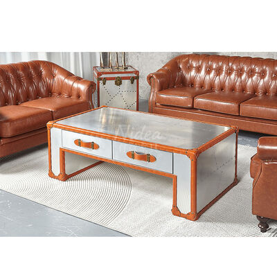 Retro lederen koffer met aluminium accenten, aanpasbaar multifunctioneel salontafel met 2 lades, industriële decoratie