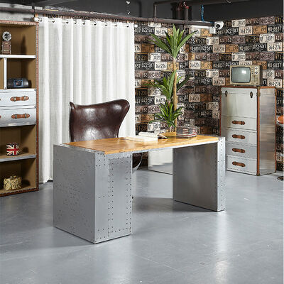 Industrieel houten bureau met aluminium frame, duurzaam en eenvoudig ontwerp, rechthoekig met 3 laden