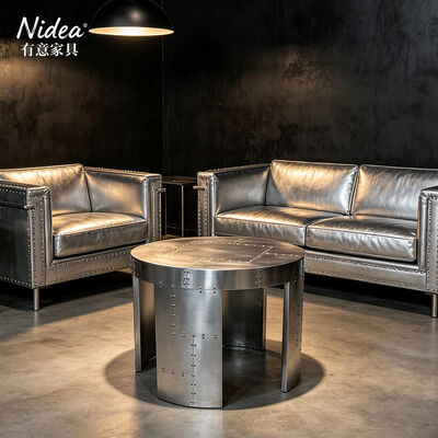 Industrial Aviator Aluminium Koffietafel & Eindtafel Set Riveted Metal Drum Accent Tabels Woonkamer Meubelen Handgemaakt Duurzaam